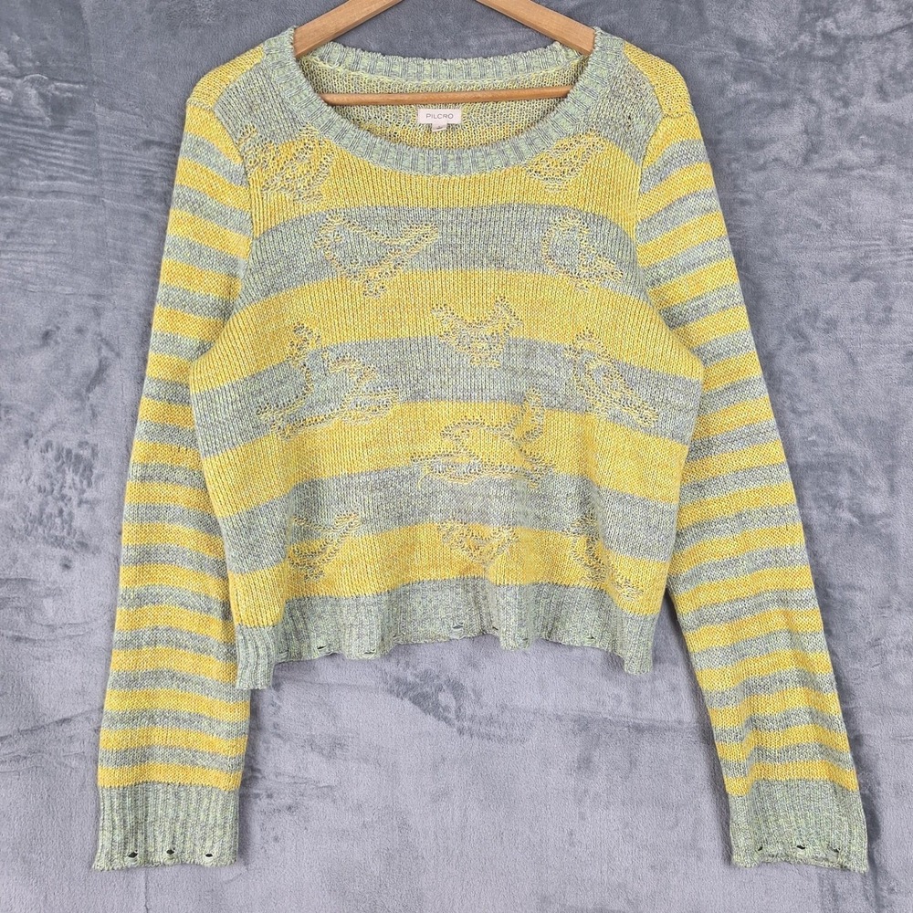 Pilco Sweater Large Linen Blend Birds Pullover Striped Boho Crop Coastal‎ Beach